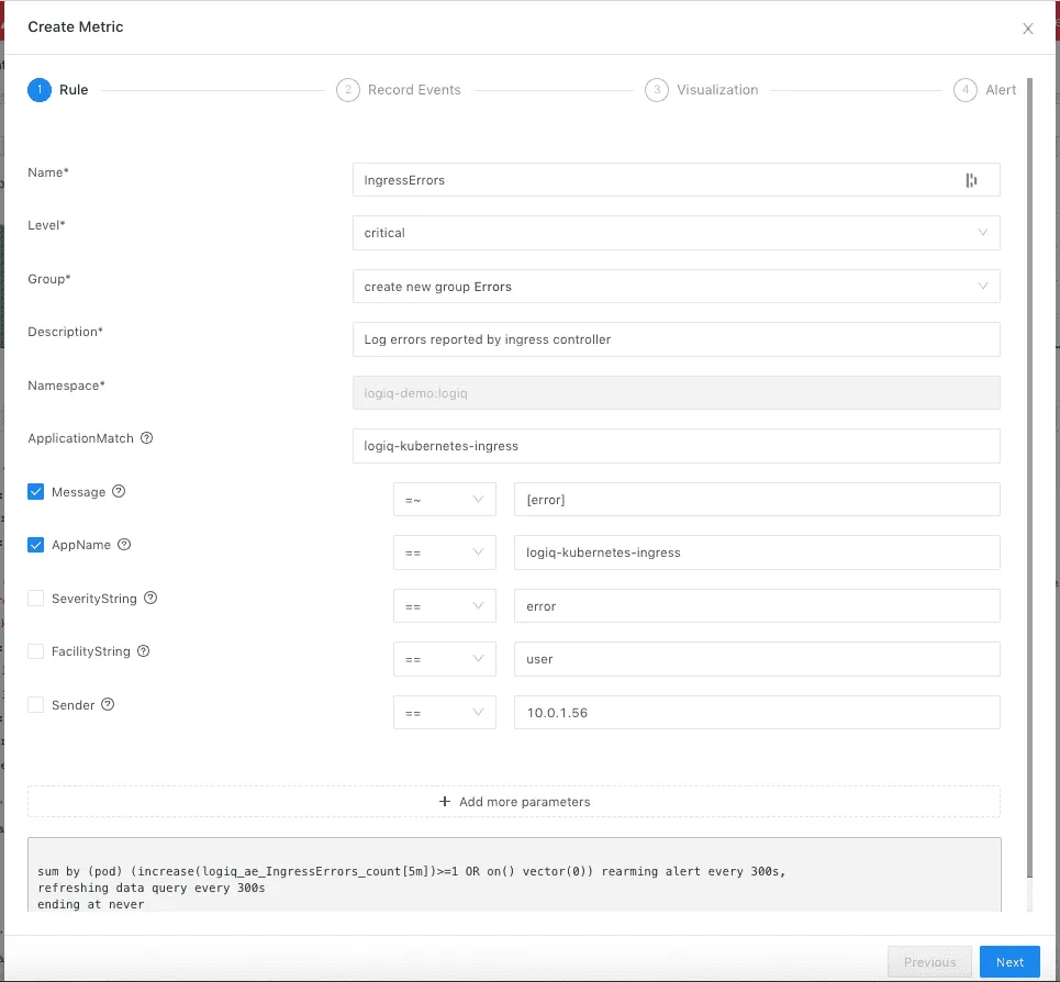 Log2Metrics - Convert logs to a real-time metric 2 Define parameters to create a matching rule for log2metrics